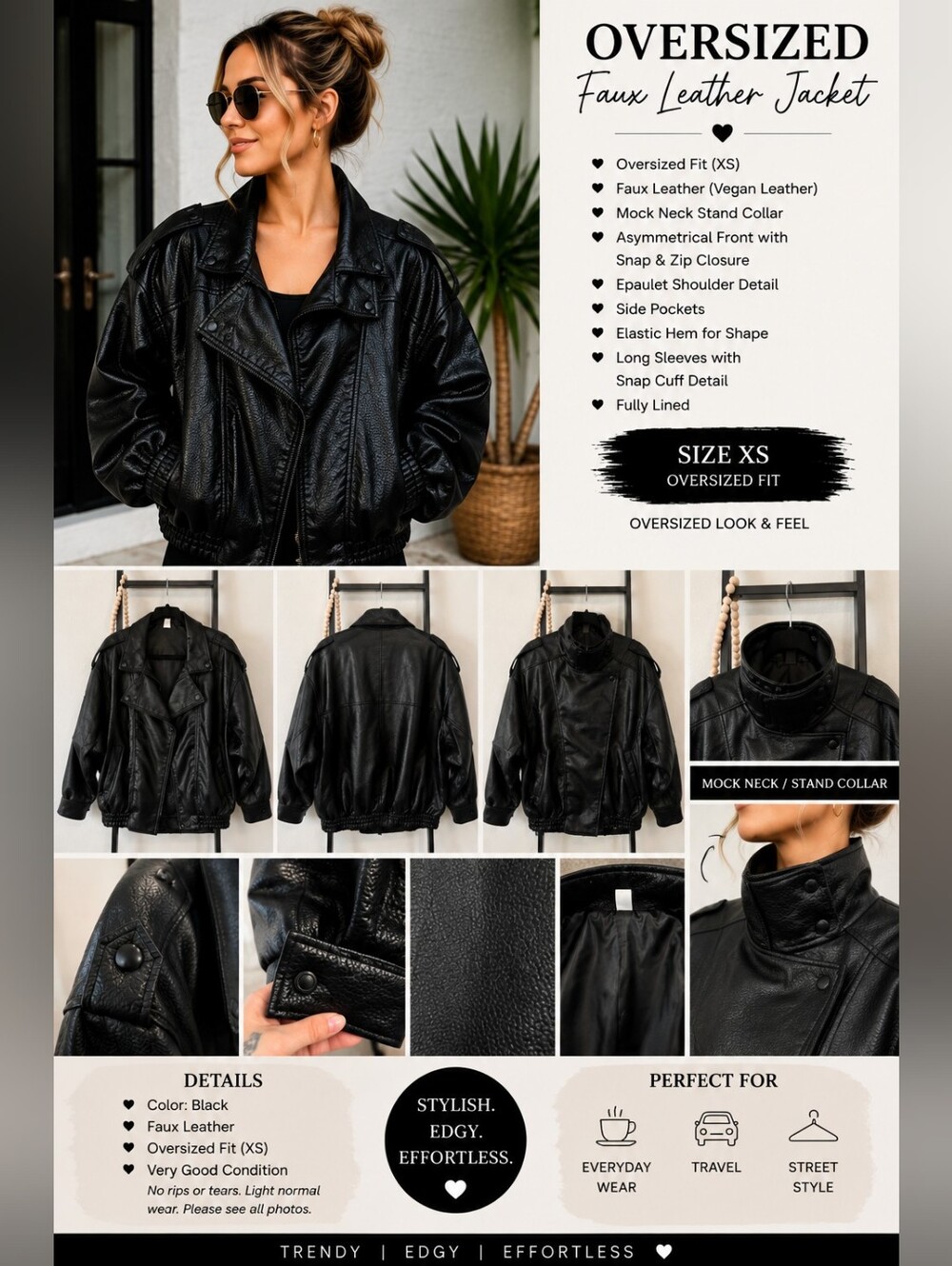 Black Oversized Faux Leather Mock Neck Jacket – Size XS